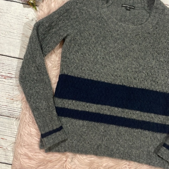 James Perse Pointelle Striped Gray Blue Wool Blend Crewneck Sweater - Picture 4 of 9